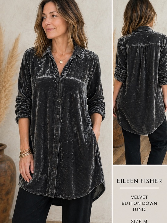Eileen Fisher Velvet Button Down Tunic Gray Black Long Sleeve Top Medium